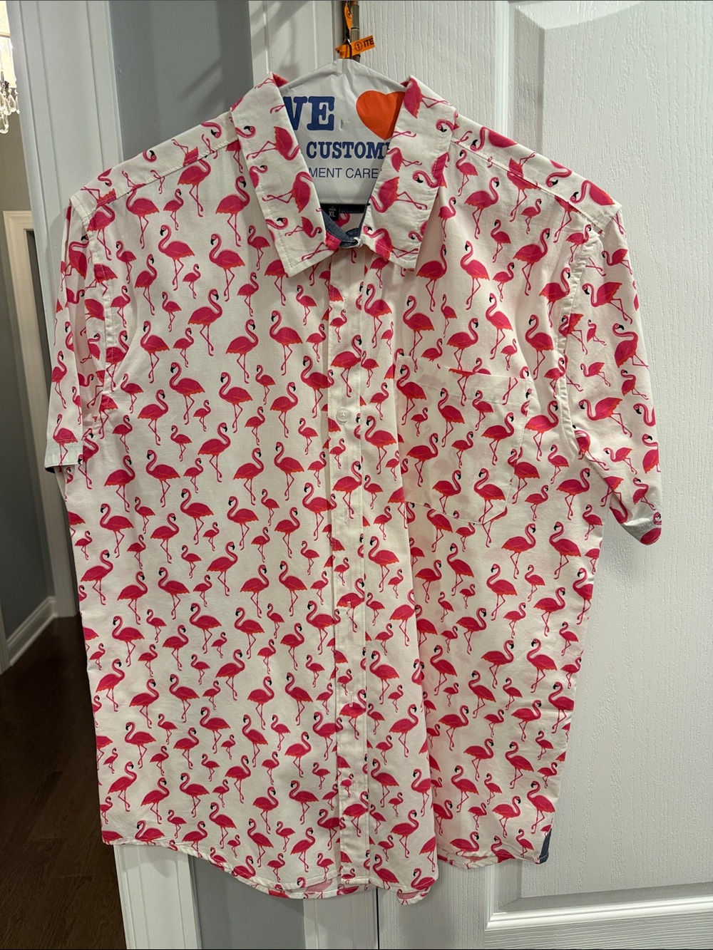 Men's White Short-Sleeve Shirt with Pink Flamingo Print